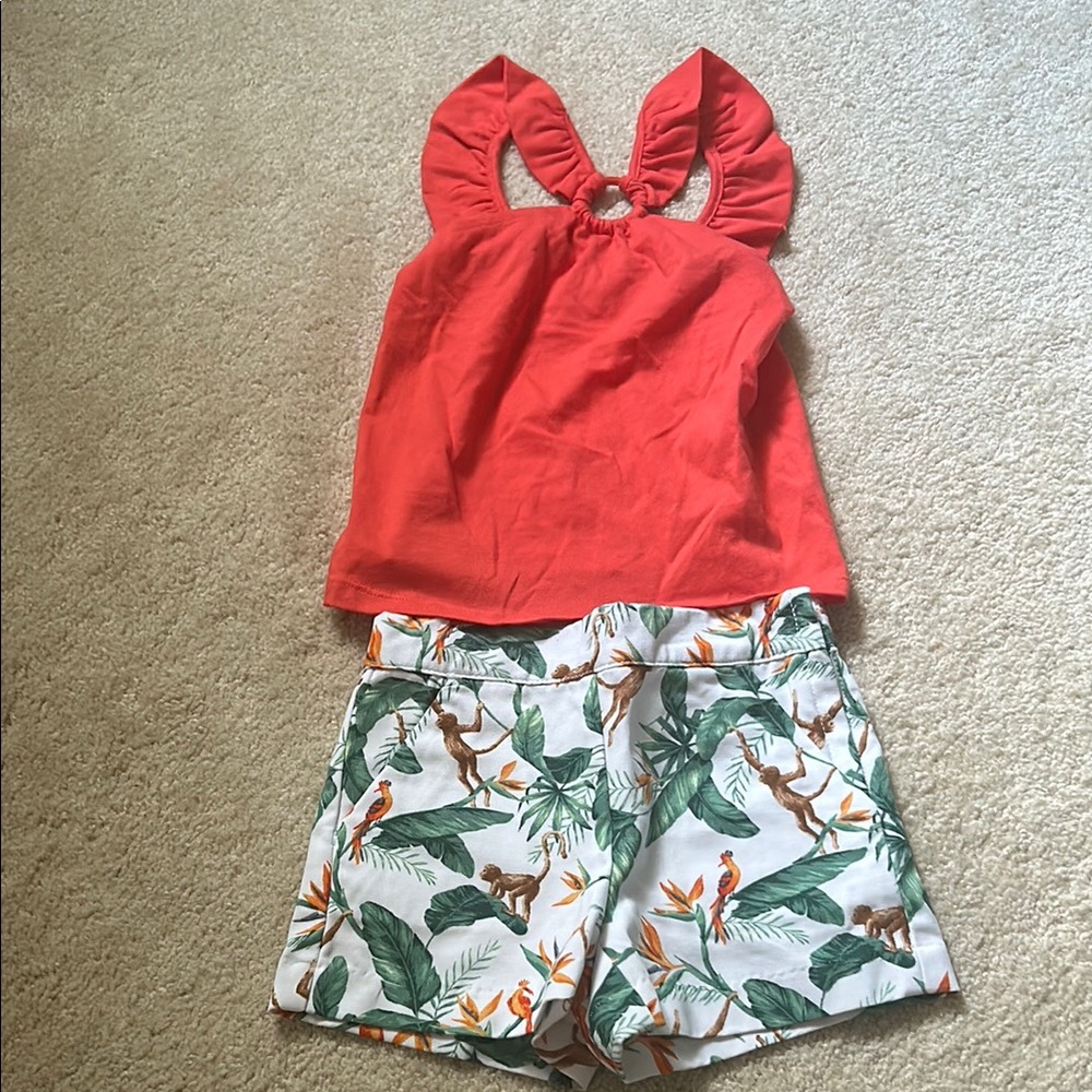 Orange Sleeveless Top with Tropical Print Shorts